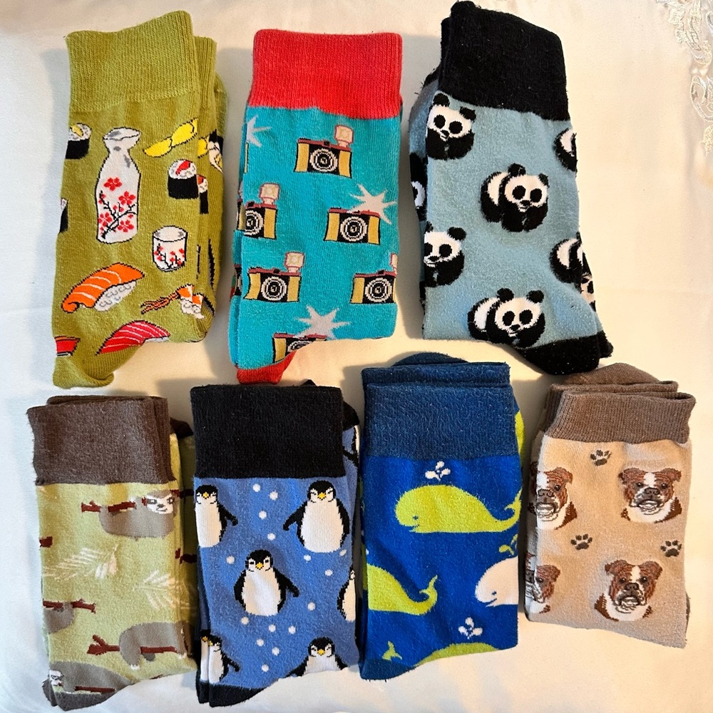Seven pair of ladies novelty crew socks